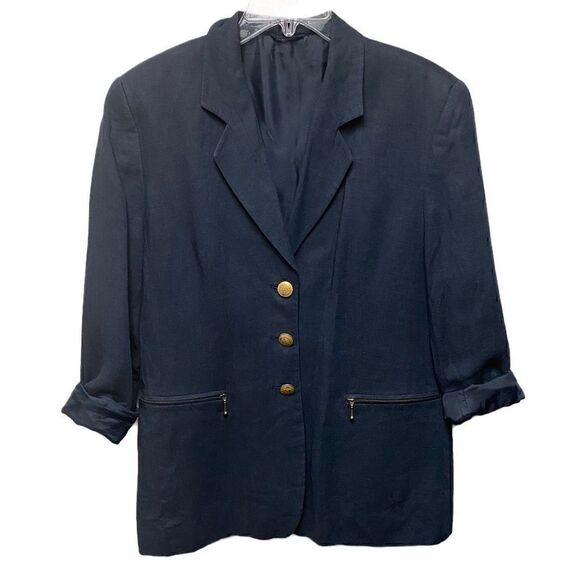 Vintage 80s Linen Navy Blue Blazer - Picture 1 of 7